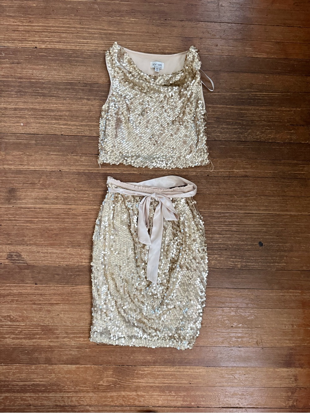 Xscape by Joanna Chen Sequin Two-Piece Crop Top & Skirt Set Champagne Size 4